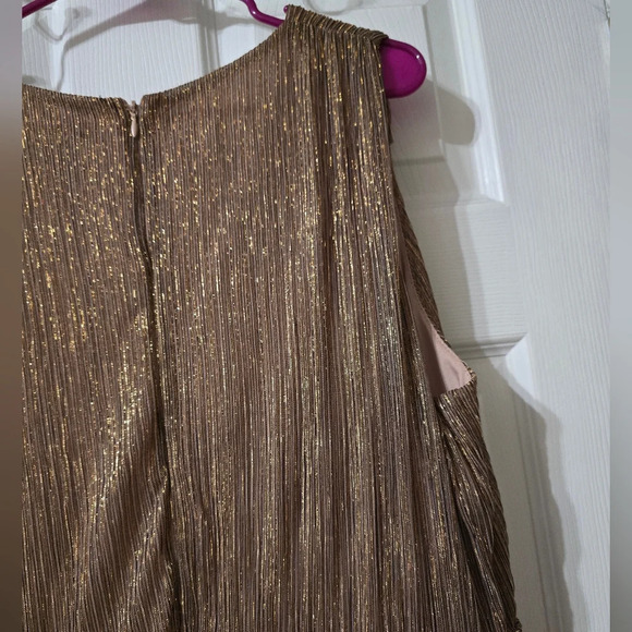 Taylor [Anthropologie] Gold Metallic Ruffle Stretch Waist Formal Midi Dress, EUC - Picture 12 of 13